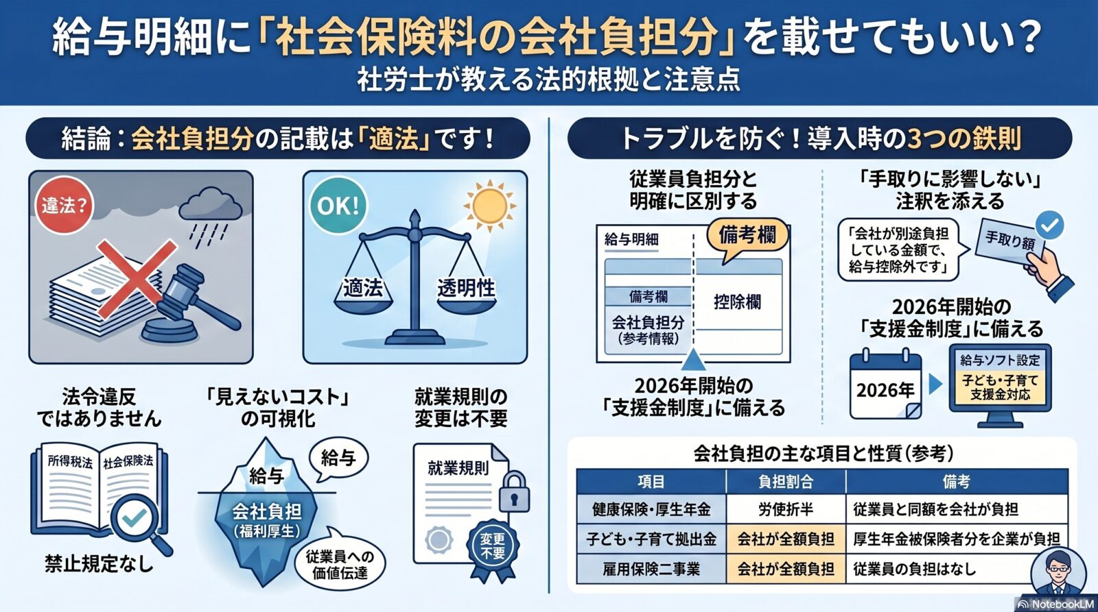 給与明細に社会保険料の会社負担分を記載すると違法？社労士が法的根拠と注意点を解説！