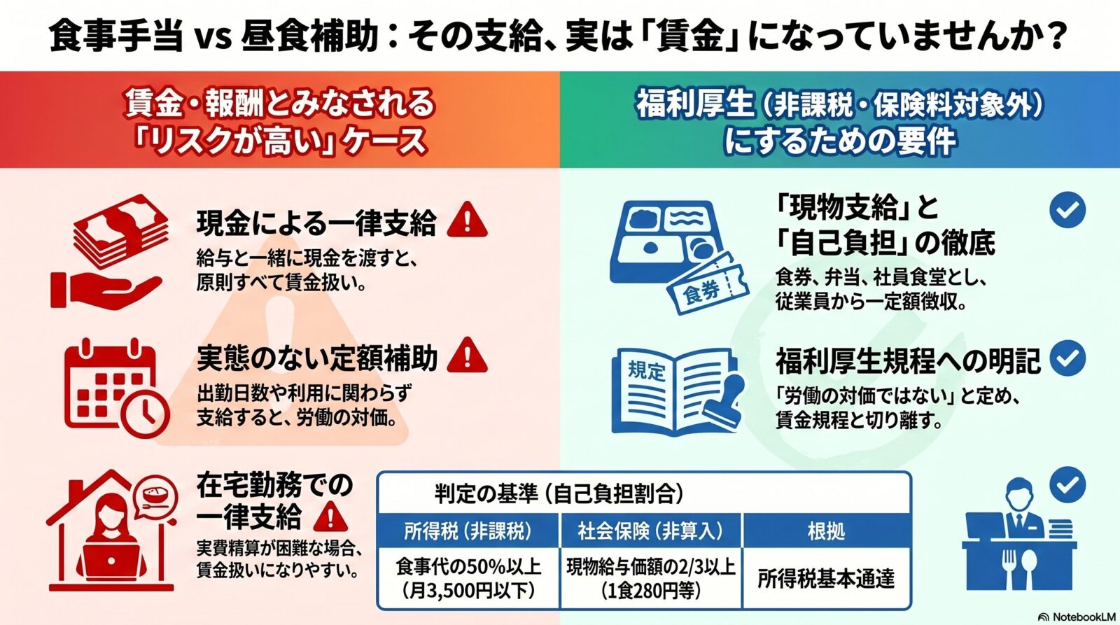 食事手当？昼食補助？賃金・報酬と福利厚生で判断に迷うケースと正しい対応