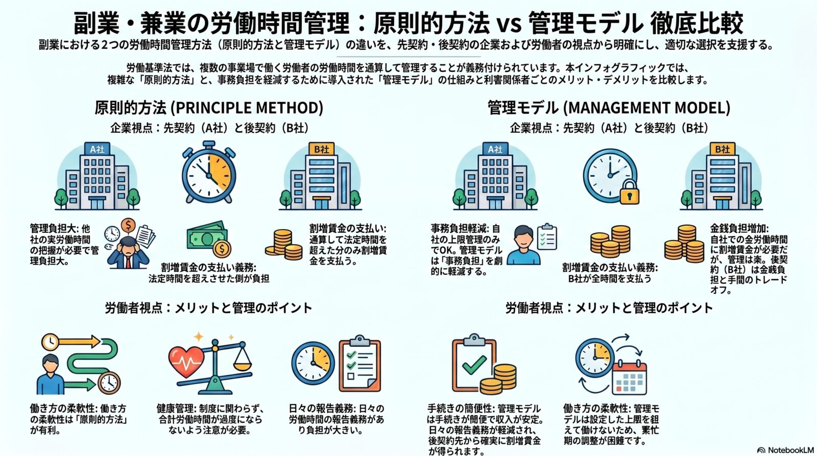 副業時の労働時間管理を徹底解説｜原則的方法と管理モデルの違い、企業が選ぶべき方法とは