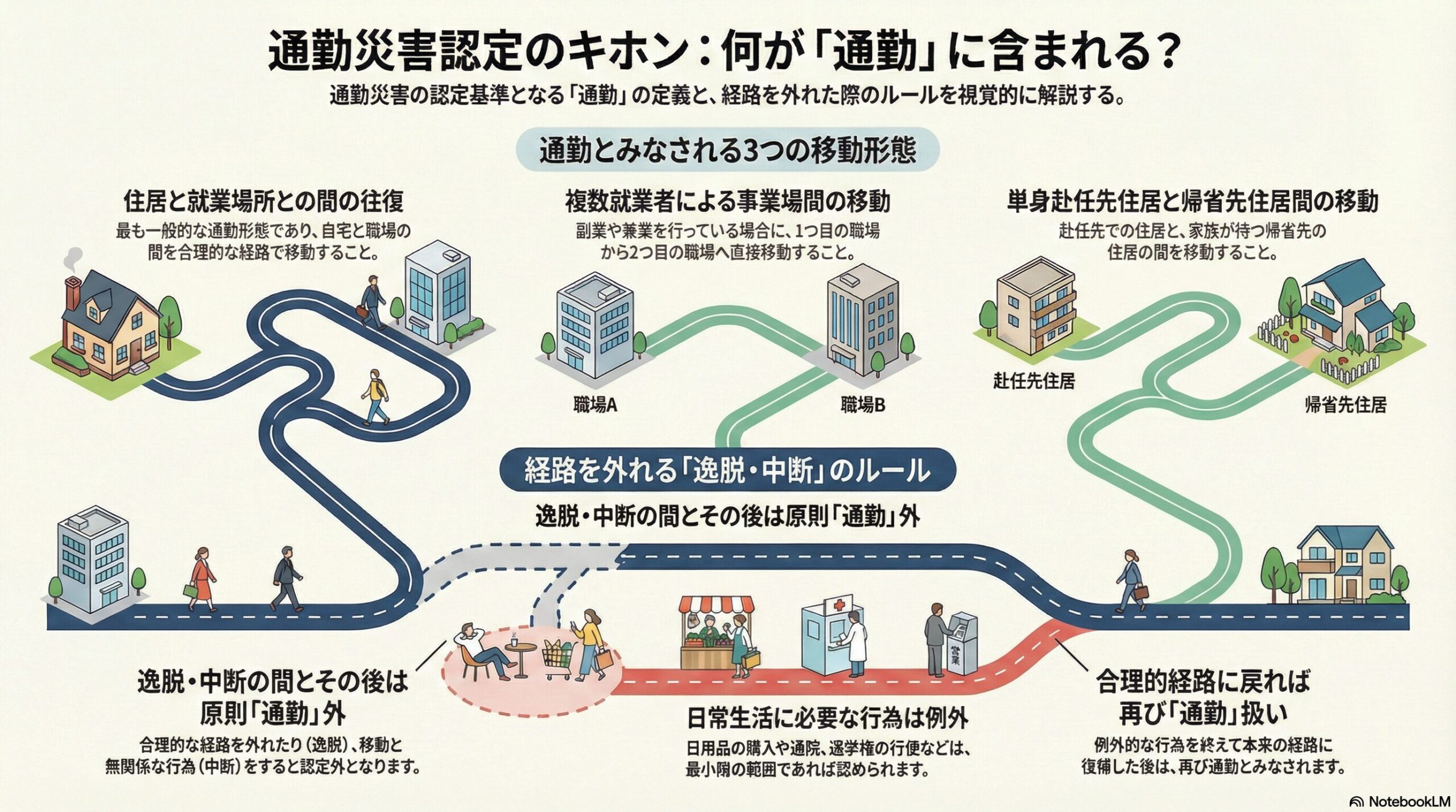通勤災害認定の基本的な考え方｜逸脱・中断のルールを解説