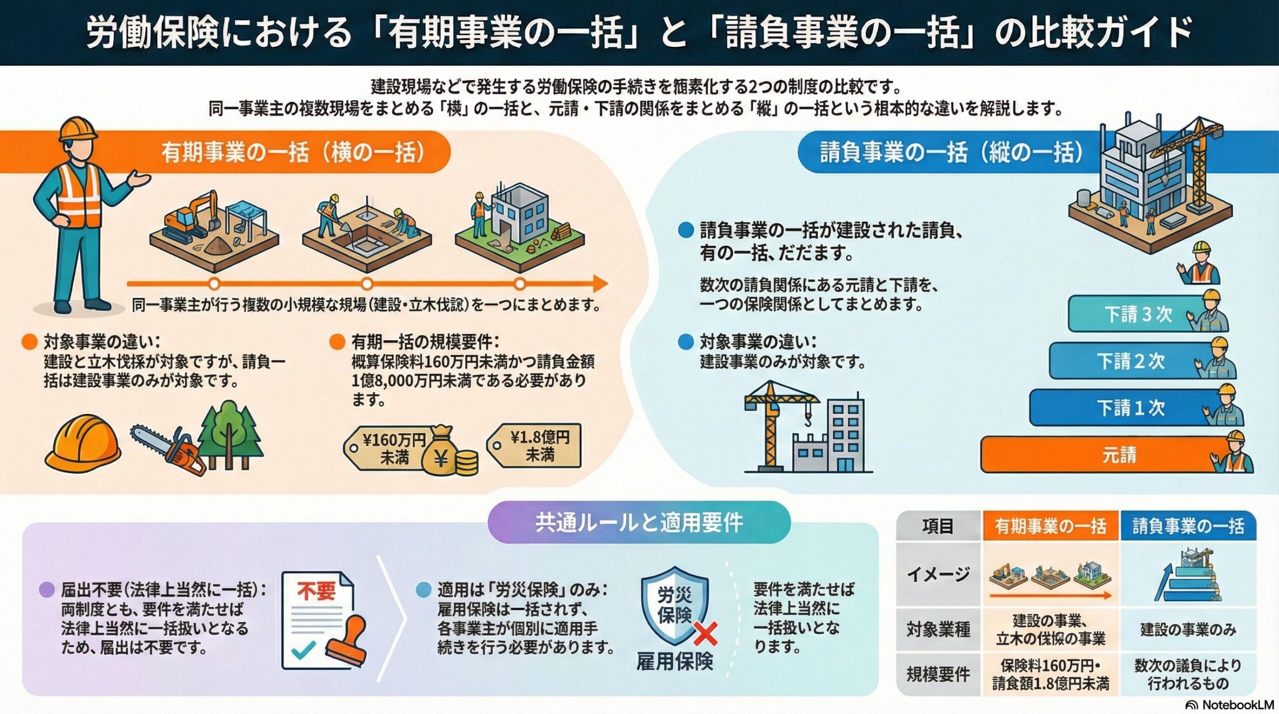 有期事業の一括と請負事業の一括の違い｜建設業の労働保険を比較解説