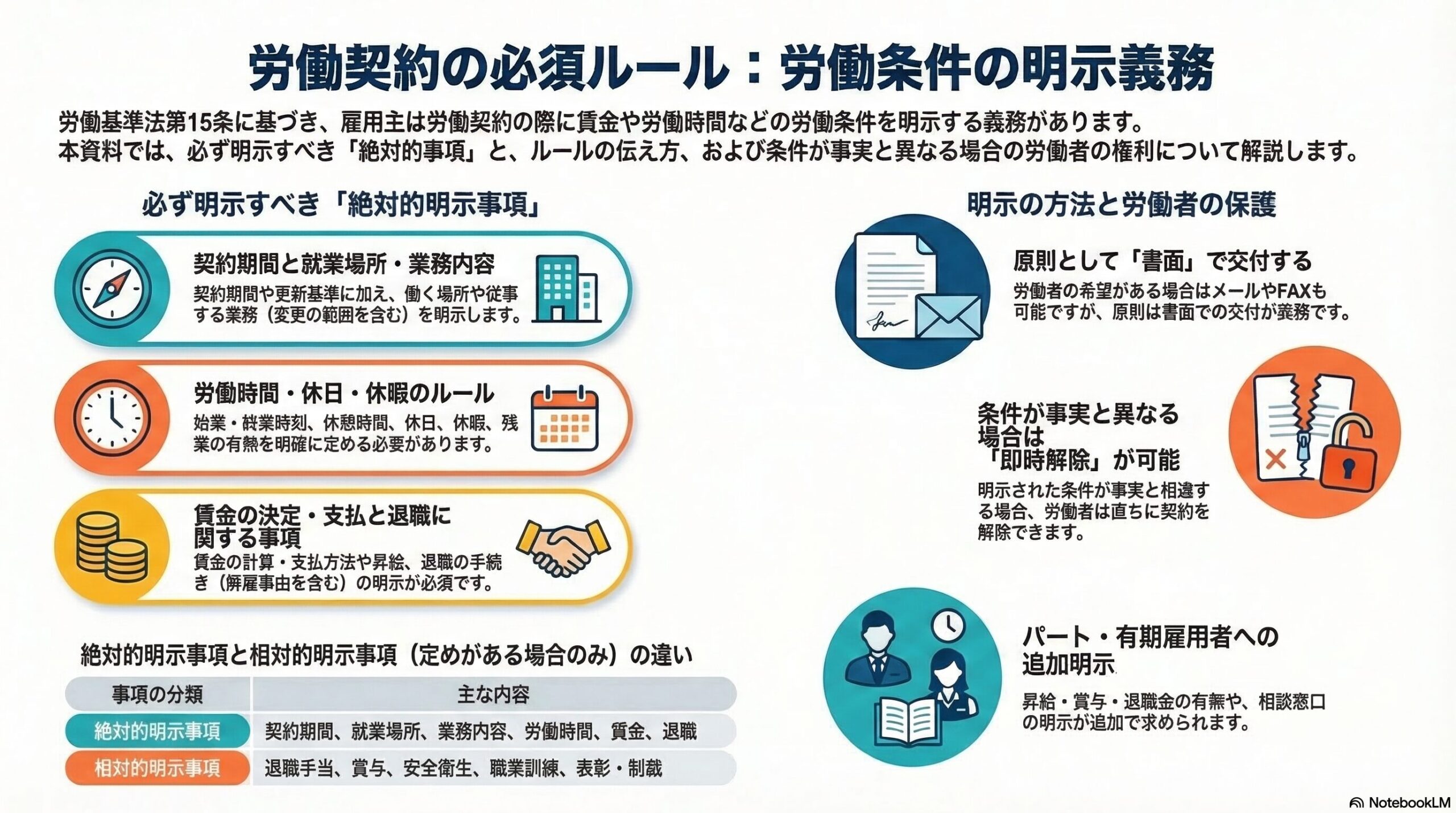 労働基準法の労働契約と労働条件の明示｜絶対的明示事項と書面交付義務を解説