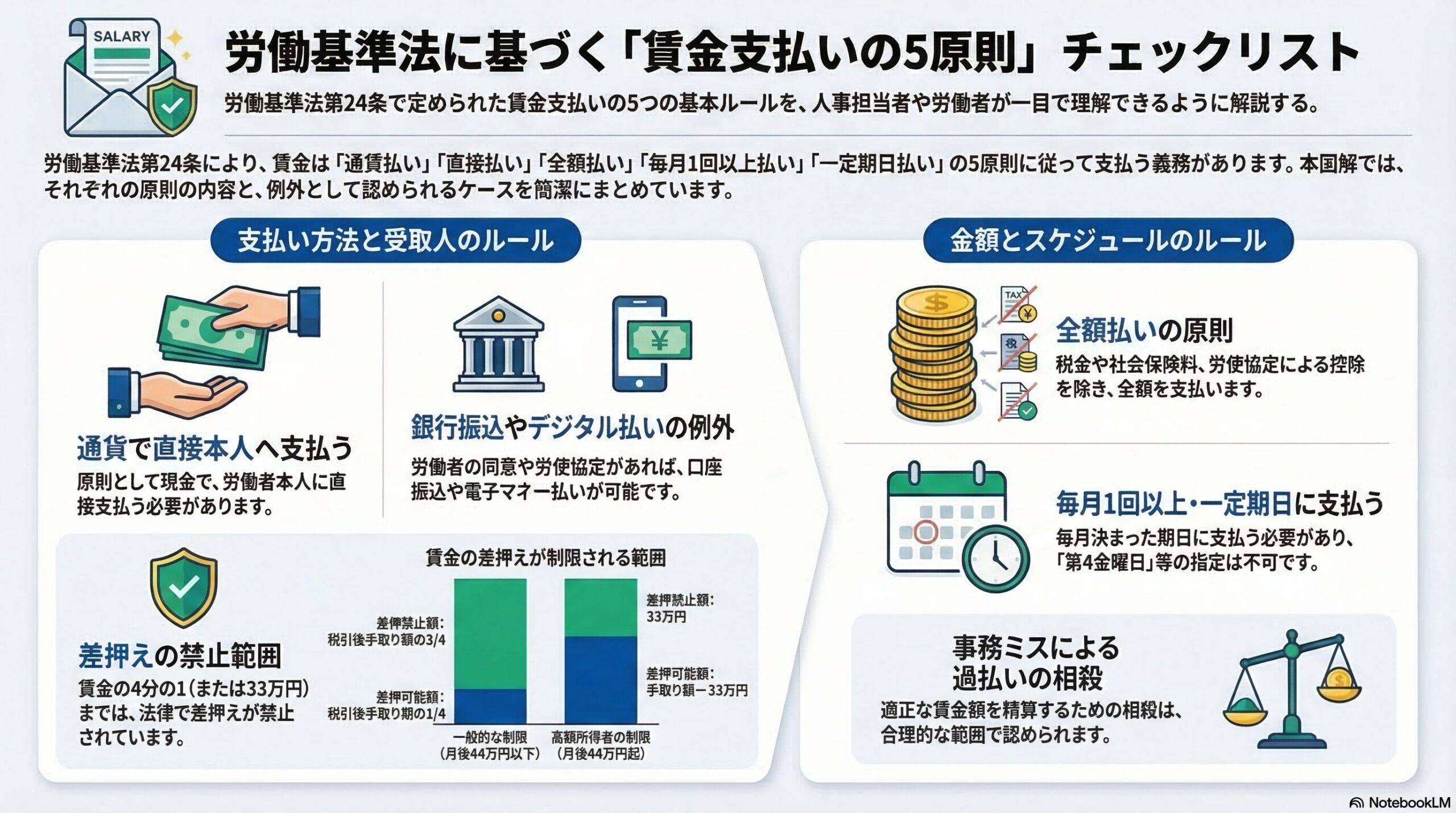 労働基準法の賃金支払いの5原則｜通貨・直接・全額・毎月1回以上・一定期日払いを解説