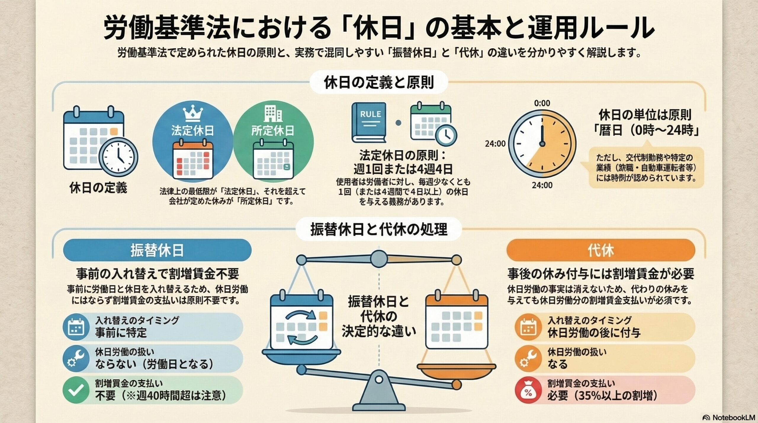 労働基準法の休日｜週1回の法定休日と振替休日・代休の違いを解説