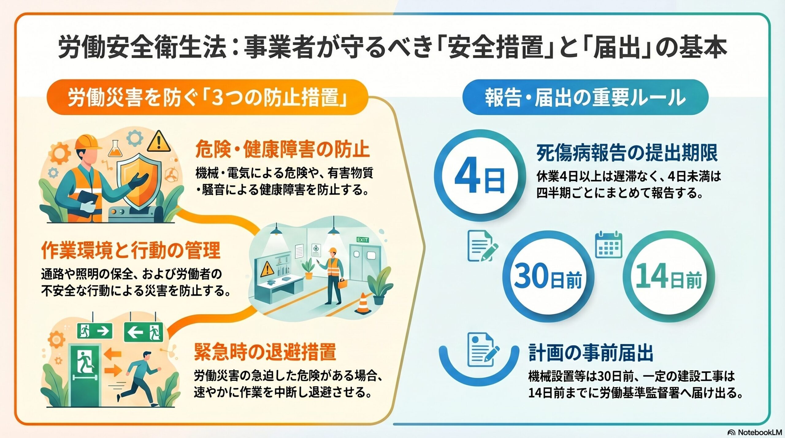 労働安全衛生法の事業者の講ずべき措置・届出｜危険防止措置と労働者死傷病報告を解説