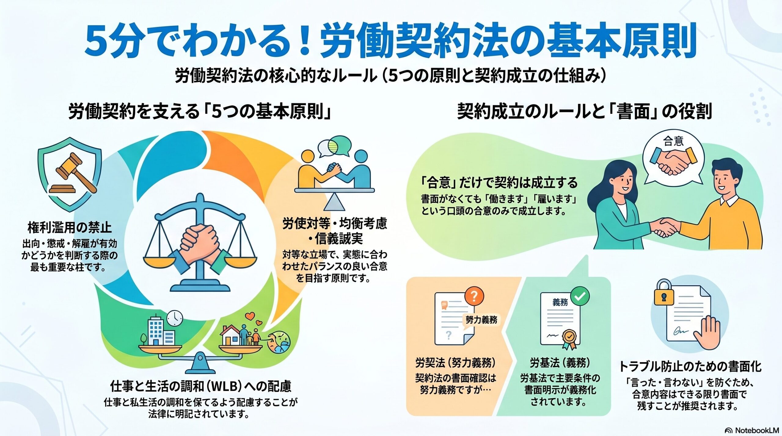 労働契約法の概要・基本原則｜労使対等・権利濫用禁止など5つの原則を解説