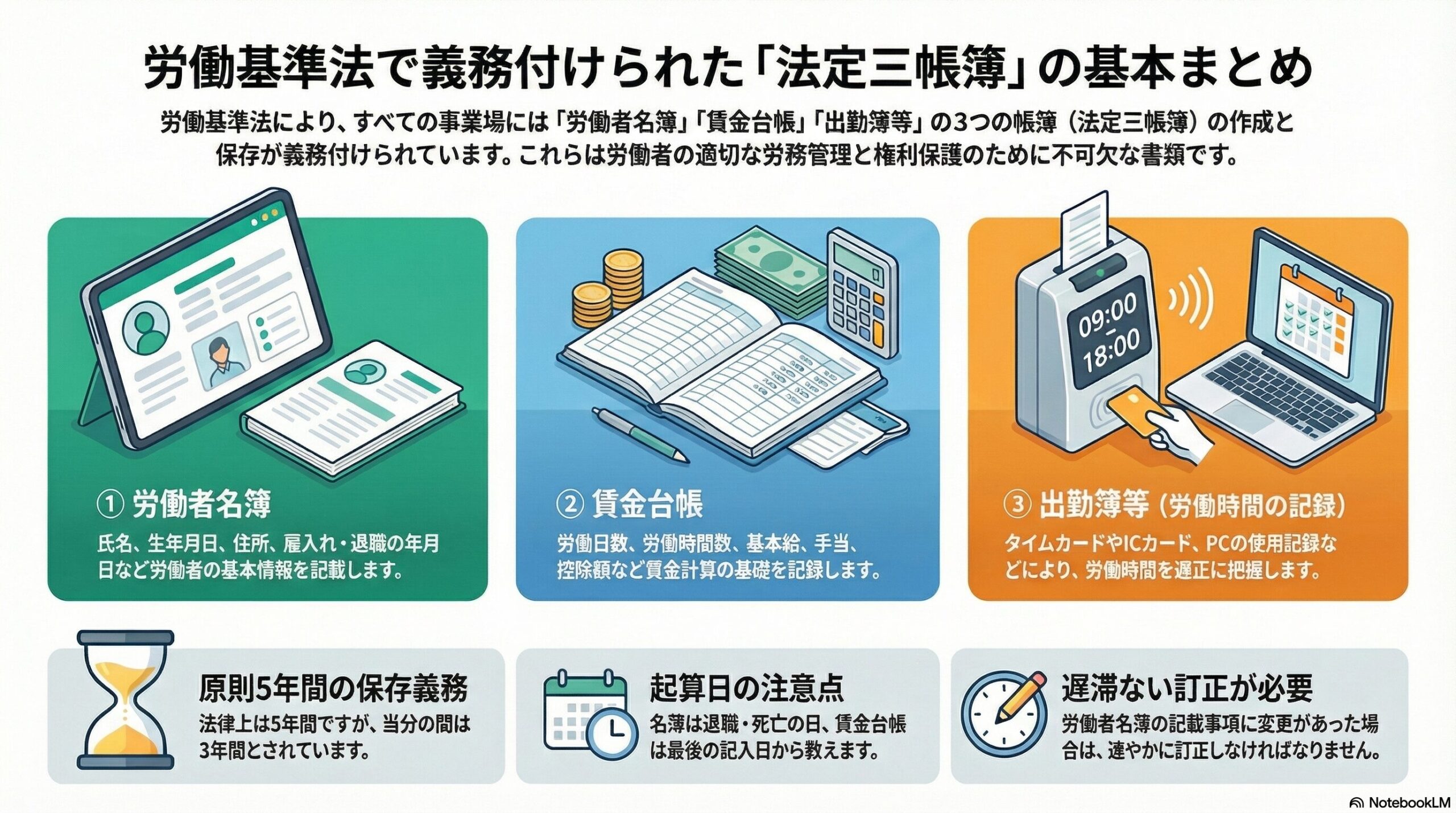 労働基準法の法定三帳簿｜労働者名簿・賃金台帳・出勤簿の作成義務を解説