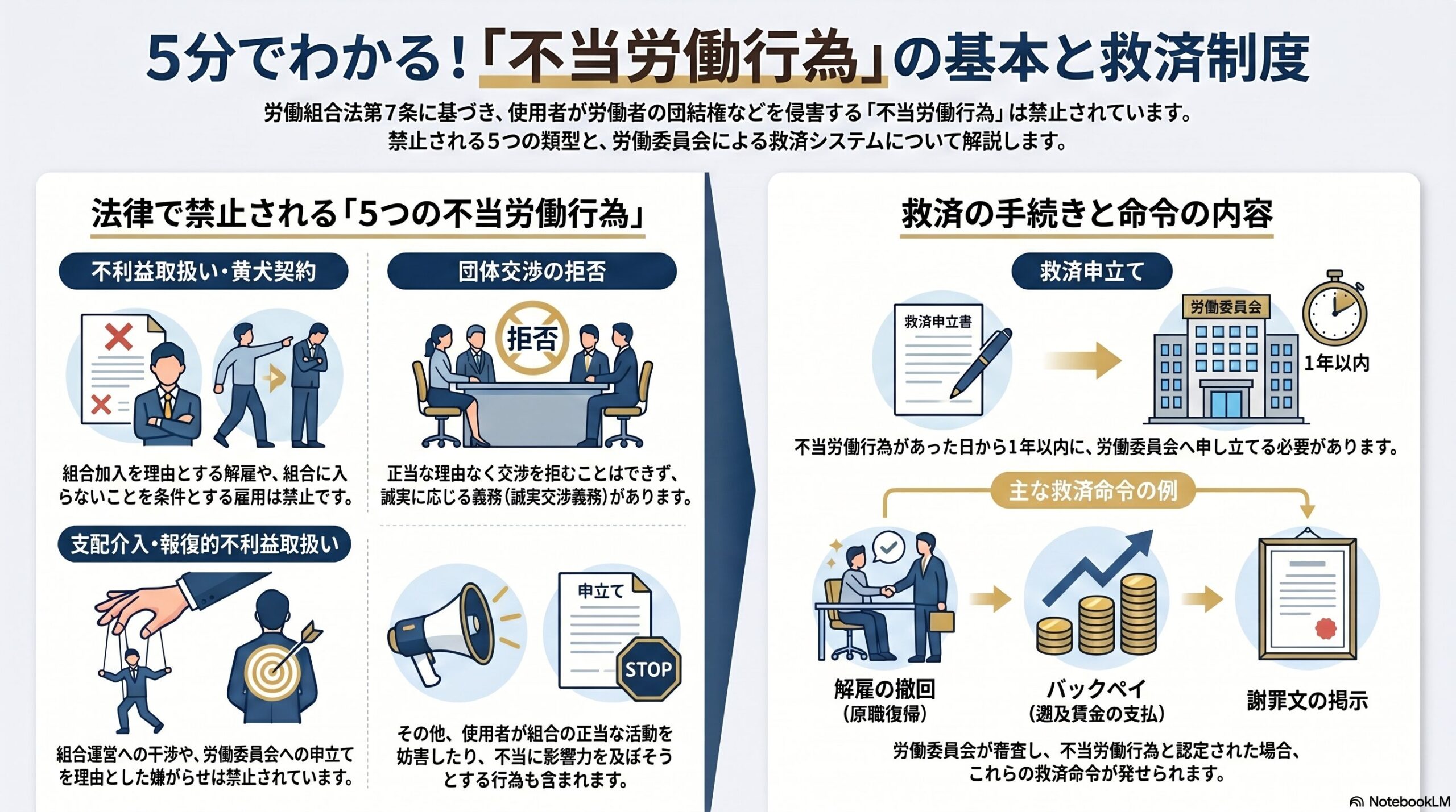 労働組合法の不当労働行為｜5つの類型と労働委員会による救済を解説