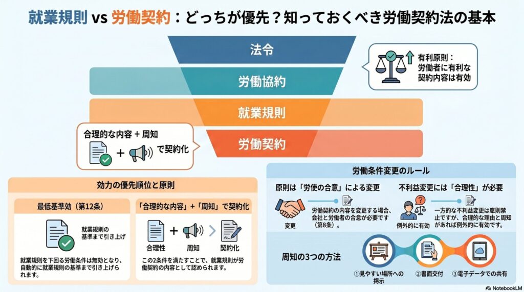 労働契約法の就業規則と労働契約の関係・労働条件の変更｜不利益変更の原則と例外を解説