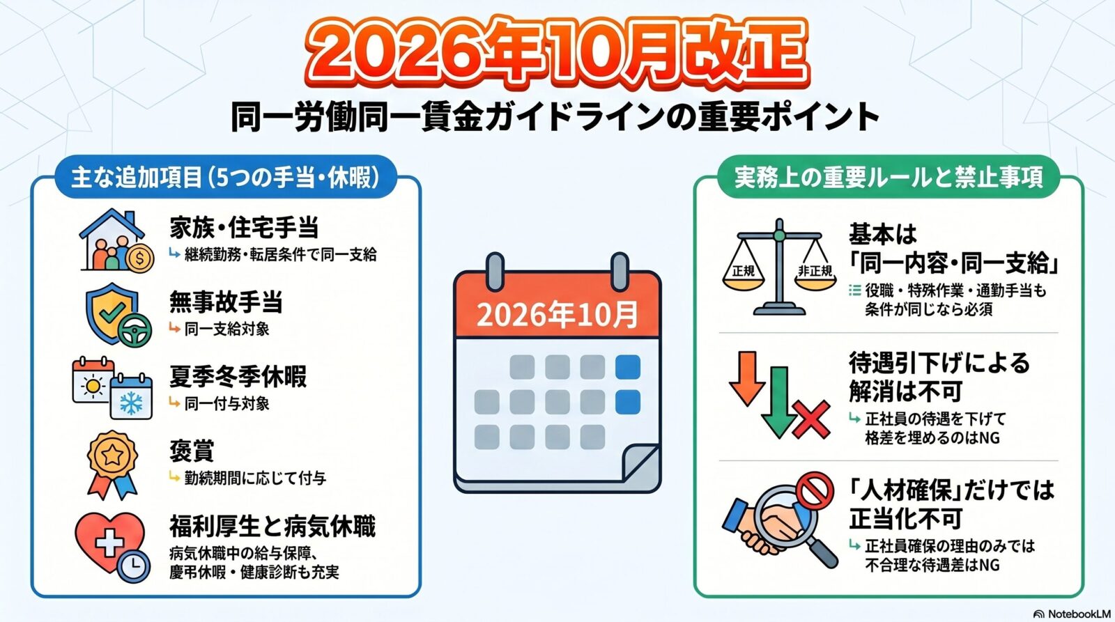 同一労働同一賃金ガイドライン｜各種手当・福利厚生と2026年10月改正のまとめ