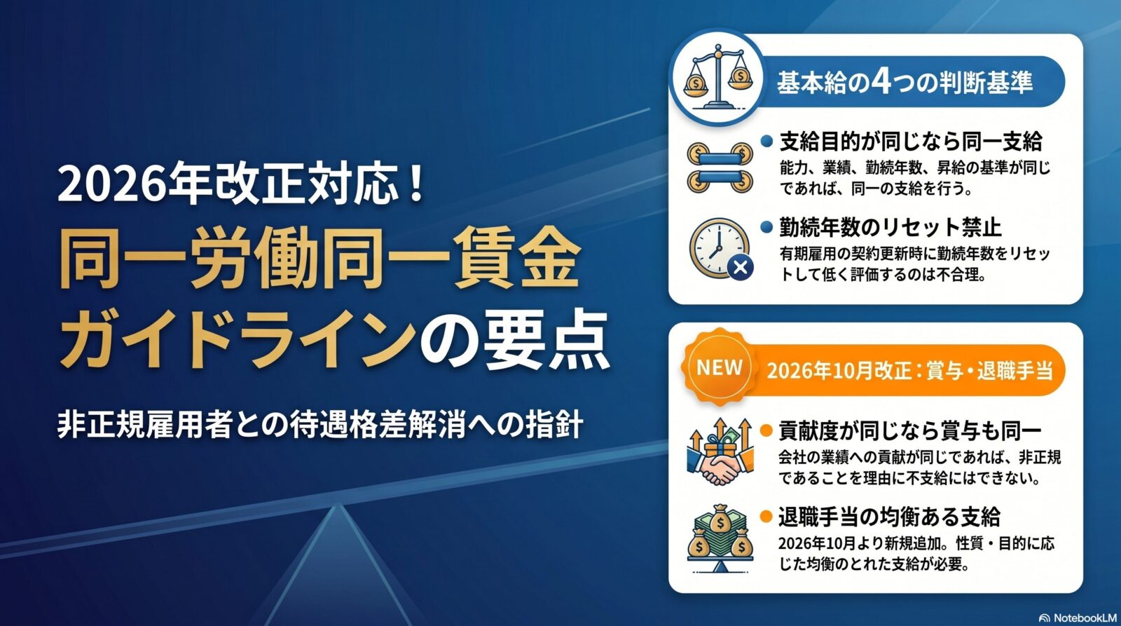 同一労働同一賃金ガイドライン｜基本給・賞与・退職手当の考え方を解説